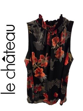 le chateau Black Floral Ruffled Neck Camisole with Red-Orange Blooms
